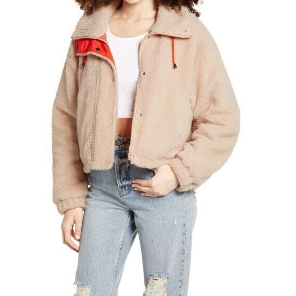 BP. Women's Neon Faux Shearling Bomber Jacket in Beige Burnt Small MSRP $59